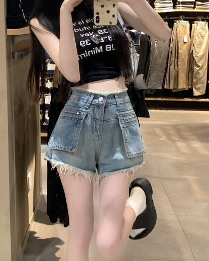 High Waist Washed Fringed Trim Denim Hot Pants