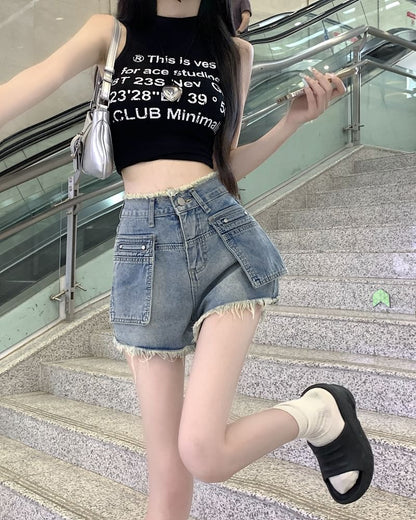 High Waist Washed Fringed Trim Denim Hot Pants