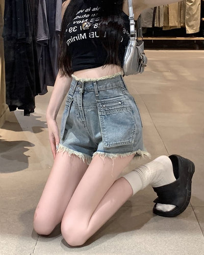 High Waist Washed Fringed Trim Denim Hot Pants