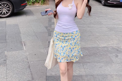 Flower Skirt / Mini High Plain Pencil Top Neck Halter Detail Rise Scoop Floral