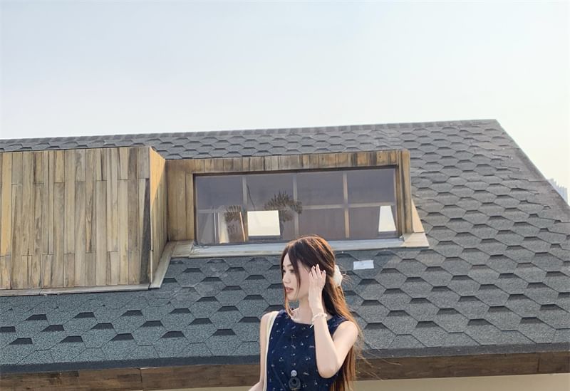 Floral Asymmetrical Tank Top / High Rise Plain Wide Leg Pants