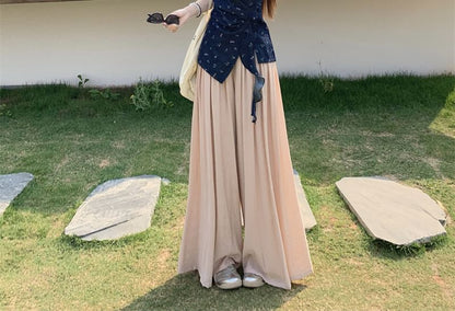 Floral Asymmetrical Tank Top / High Rise Plain Wide Leg Pants