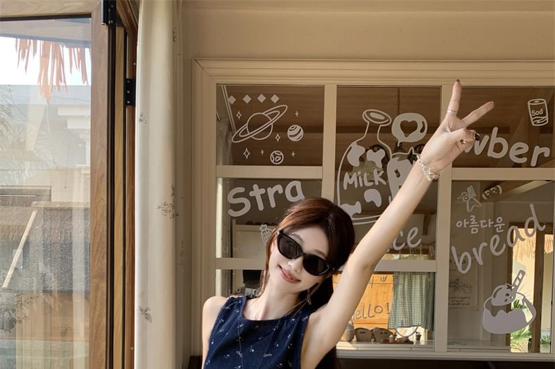 Floral Asymmetrical Tank Top / High Rise Plain Wide Leg Pants