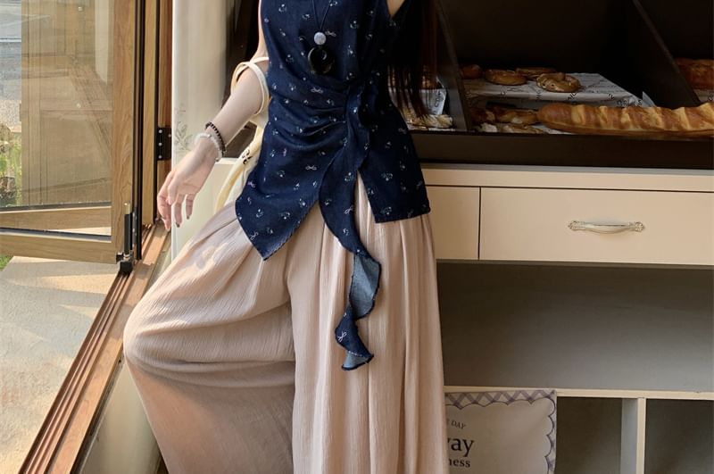 Floral Asymmetrical Tank Top / High Rise Plain Wide Leg Pants