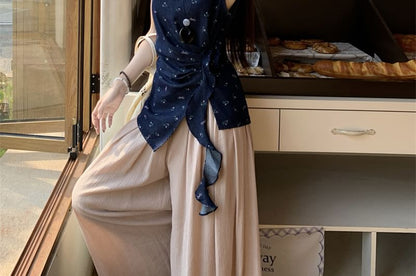 Floral Asymmetrical Tank Top / High Rise Plain Wide Leg Pants