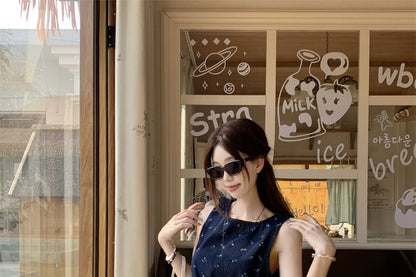 Floral Asymmetrical Tank Top / High Rise Plain Wide Leg Pants