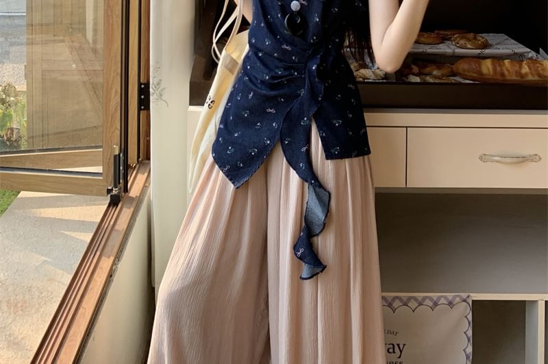 Floral Asymmetrical Tank Top / High Rise Plain Wide Leg Pants