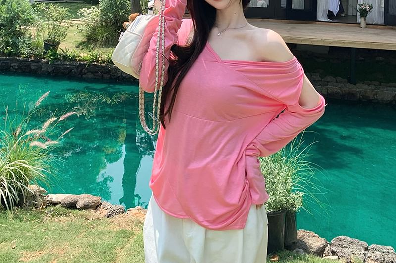 Long-Sleeve One-Shoulder Plain Asymmetrical T-Shirt