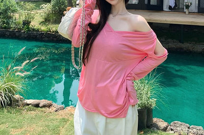 Long-Sleeve One-Shoulder Plain Asymmetrical T-Shirt
