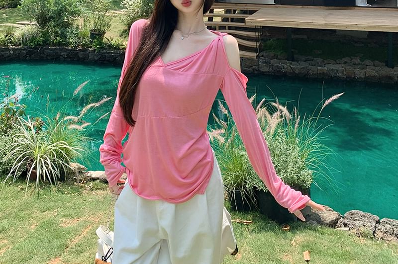 Long-Sleeve One-Shoulder Plain Asymmetrical T-Shirt