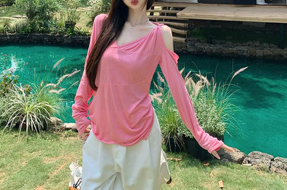 Long-Sleeve One-Shoulder Plain Asymmetrical T-Shirt