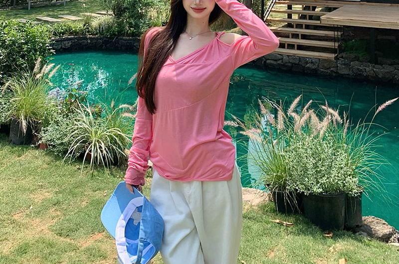 Long-Sleeve One-Shoulder Plain Asymmetrical T-Shirt