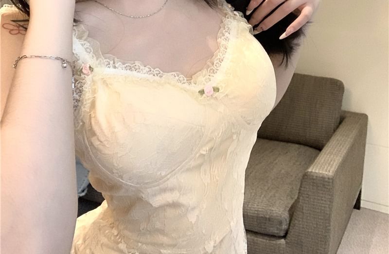 Spaghetti Strap Floral Lace Mini Bodycon Dress