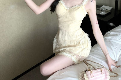 Spaghetti Strap Floral Lace Mini Bodycon Dress