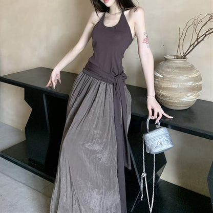 Scoop Neck Plain Tie Waist Halter Top / High Waist Maxi A-Line Skirt