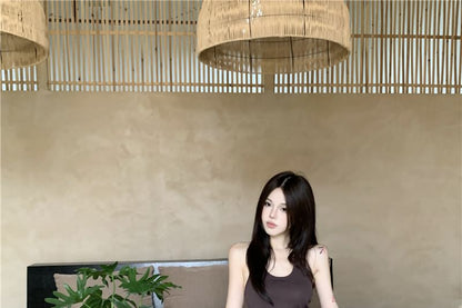 Scoop Neck Plain Tie Waist Halter Top / High Waist Maxi A-Line Skirt