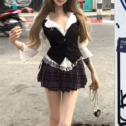 Puff-Sleeve Striped Lace Trim Blouse / Plain Button-Up Cami Top / High Waist Plaid Pleated Mini A-Line Skirt