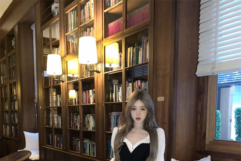 Puff-Sleeve Striped Lace Trim Blouse / Plain Button-Up Cami Top / High Waist Plaid Pleated Mini A-Line Skirt