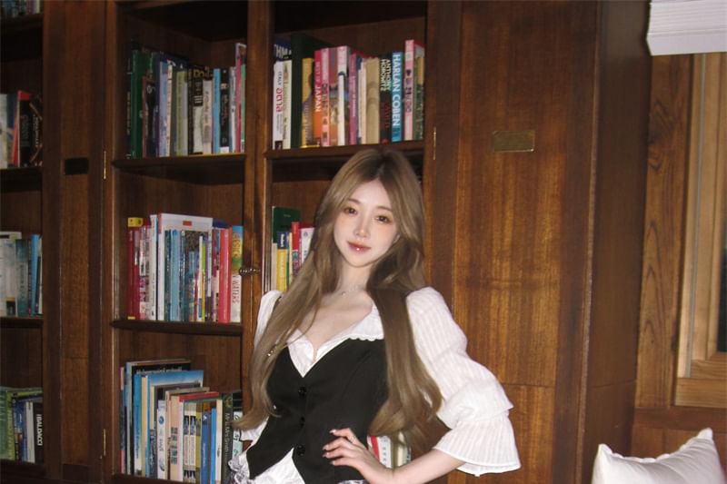 Puff-Sleeve Striped Lace Trim Blouse / Plain Button-Up Cami Top / High Waist Plaid Pleated Mini A-Line Skirt