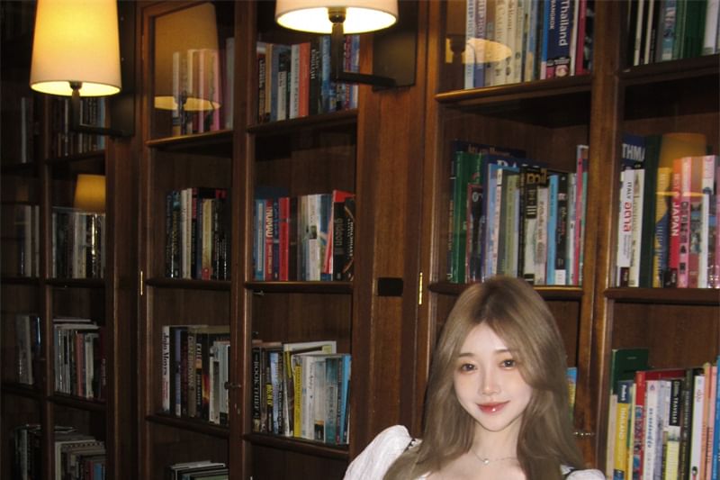 Puff-Sleeve Striped Lace Trim Blouse / Plain Button-Up Cami Top / High Waist Plaid Pleated Mini A-Line Skirt