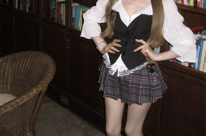 Puff-Sleeve Striped Lace Trim Blouse / Plain Button-Up Cami Top / High Waist Plaid Pleated Mini A-Line Skirt