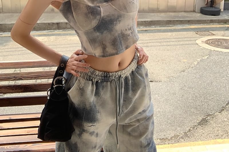 Scoop Neck Tie Dye Cropped Camisole Top / Drawstring Waist Wide Leg Pants