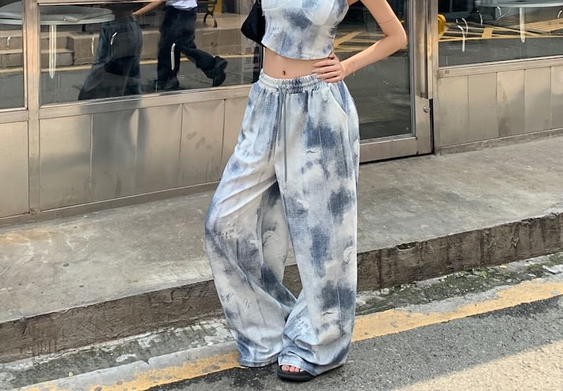Scoop Neck Tie Dye Cropped Camisole Top / Drawstring Waist Wide Leg Pants