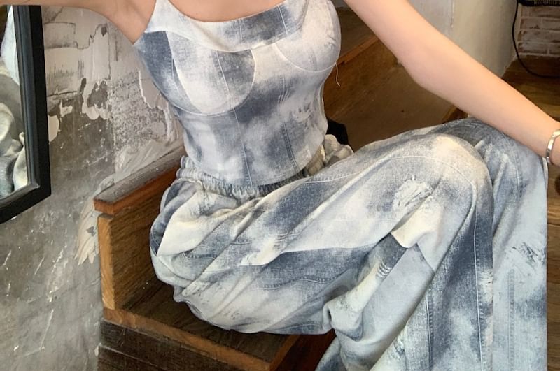 Scoop Neck Tie Dye Cropped Camisole Top / Drawstring Waist Wide Leg Pants