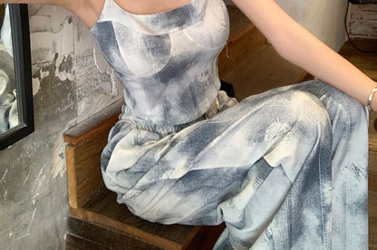 Scoop Neck Tie Dye Cropped Camisole Top / Drawstring Waist Wide Leg Pants