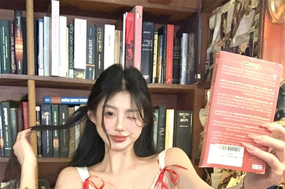 Spaghetti Strap Plaid Lace Trim Bow Mini Bodycon Dress