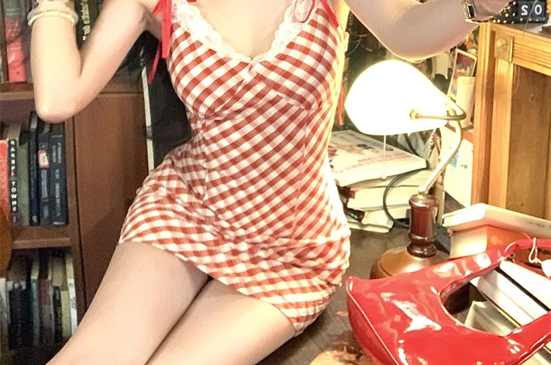 Spaghetti Strap Plaid Lace Trim Bow Mini Bodycon Dress