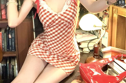 Spaghetti Strap Plaid Lace Trim Bow Mini Bodycon Dress