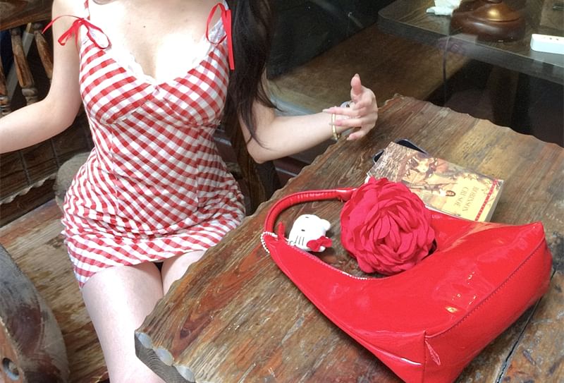 Spaghetti Strap Plaid Lace Trim Bow Mini Bodycon Dress