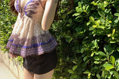 V-Neck Paisley Print Peplum Camisole Top