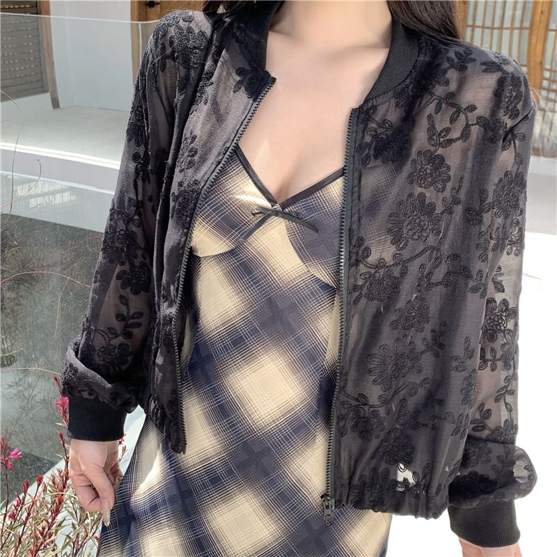 Sheer Embroidered Jacket Flower Zip