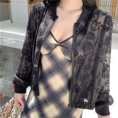 Sheer Embroidered Jacket Flower Zip