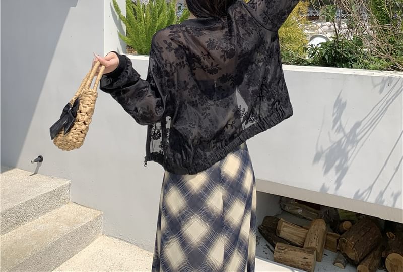 Sheer Embroidered Jacket Flower Zip