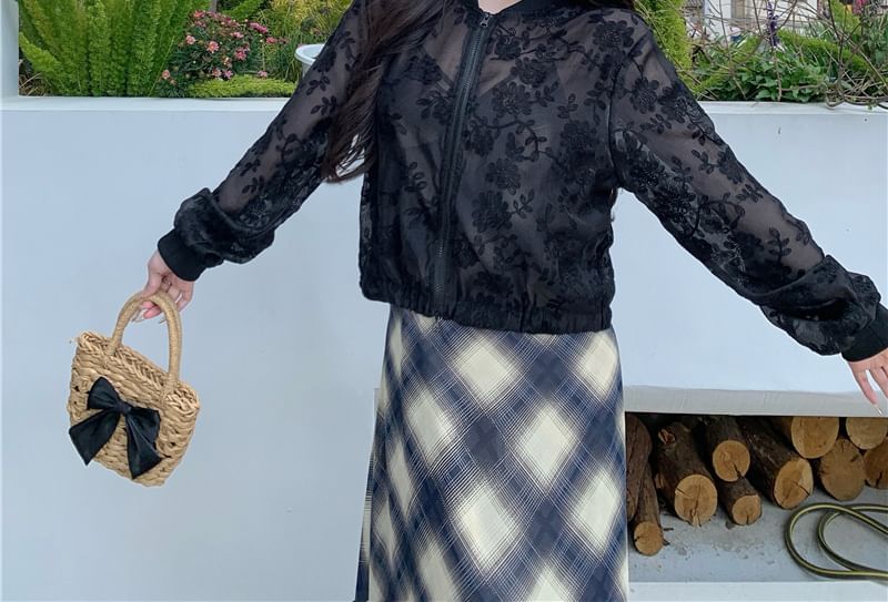 Sheer Embroidered Jacket Flower Zip