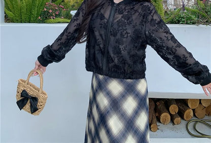 Sheer Embroidered Jacket Flower Zip