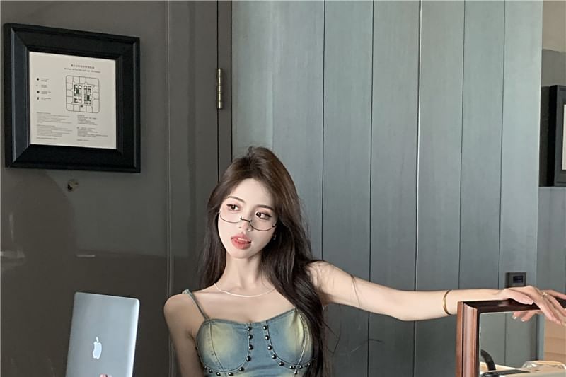 A-Line Studded Skirt Cami Top / Denim High Mini Washed Rise Asymmetrical Plain