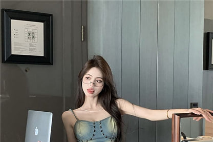 A-Line Studded Skirt Cami Top / Denim High Mini Washed Rise Asymmetrical Plain