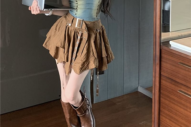 A-Line Studded Skirt Cami Top / Denim High Mini Washed Rise Asymmetrical Plain