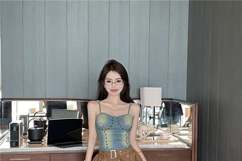 A-Line Studded Skirt Cami Top / Denim High Mini Washed Rise Asymmetrical Plain