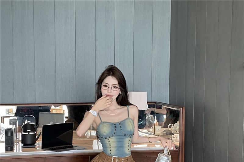 A-Line Studded Skirt Cami Top / Denim High Mini Washed Rise Asymmetrical Plain