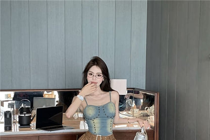 A-Line Studded Skirt Cami Top / Denim High Mini Washed Rise Asymmetrical Plain