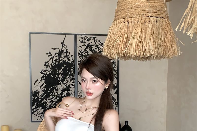 Strapless Plain Ruffle Asymmetrical Top