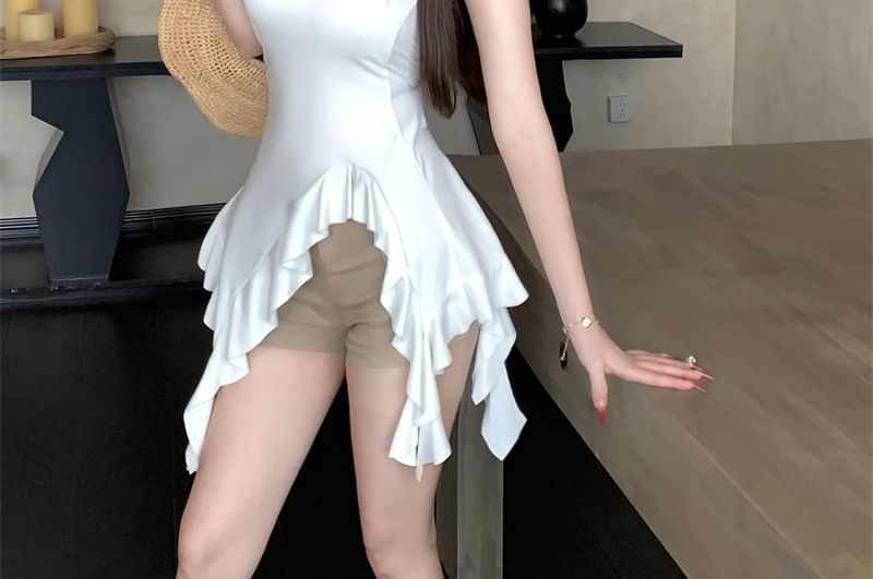 Strapless Plain Ruffle Asymmetrical Top