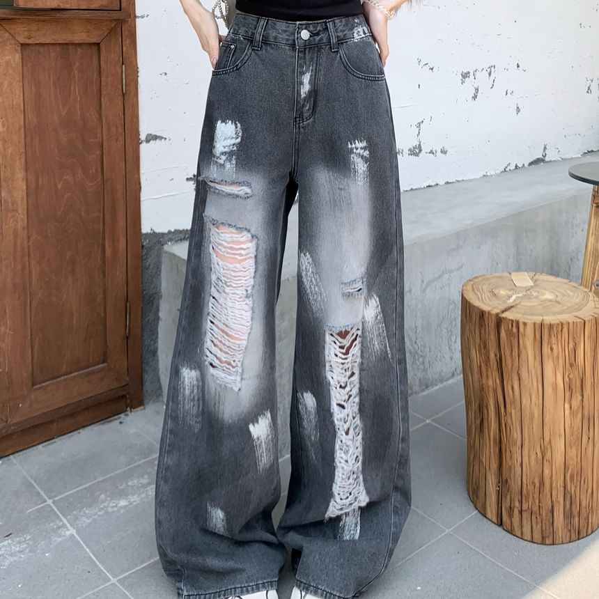 High Waist Splash Print Washed Distressed Wide Leg Jeans
