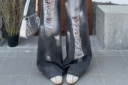 High Waist Splash Print Washed Distressed Wide Leg Jeans