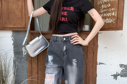 High Waist Splash Print Washed Distressed Wide Leg Jeans